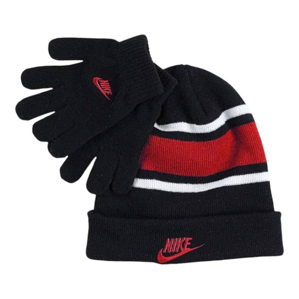 Nike Boy`s Futura Foldover Beanie Hat & Glove 2 Piece Set ~ Black/Red ~ 8-20